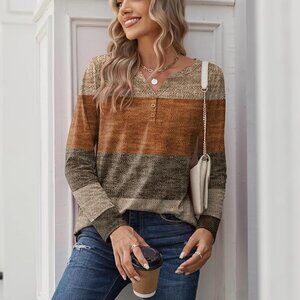 Zeagoo Geometric Print Henley Top Neutral Brown Beige Long Sleeve Size L NWT